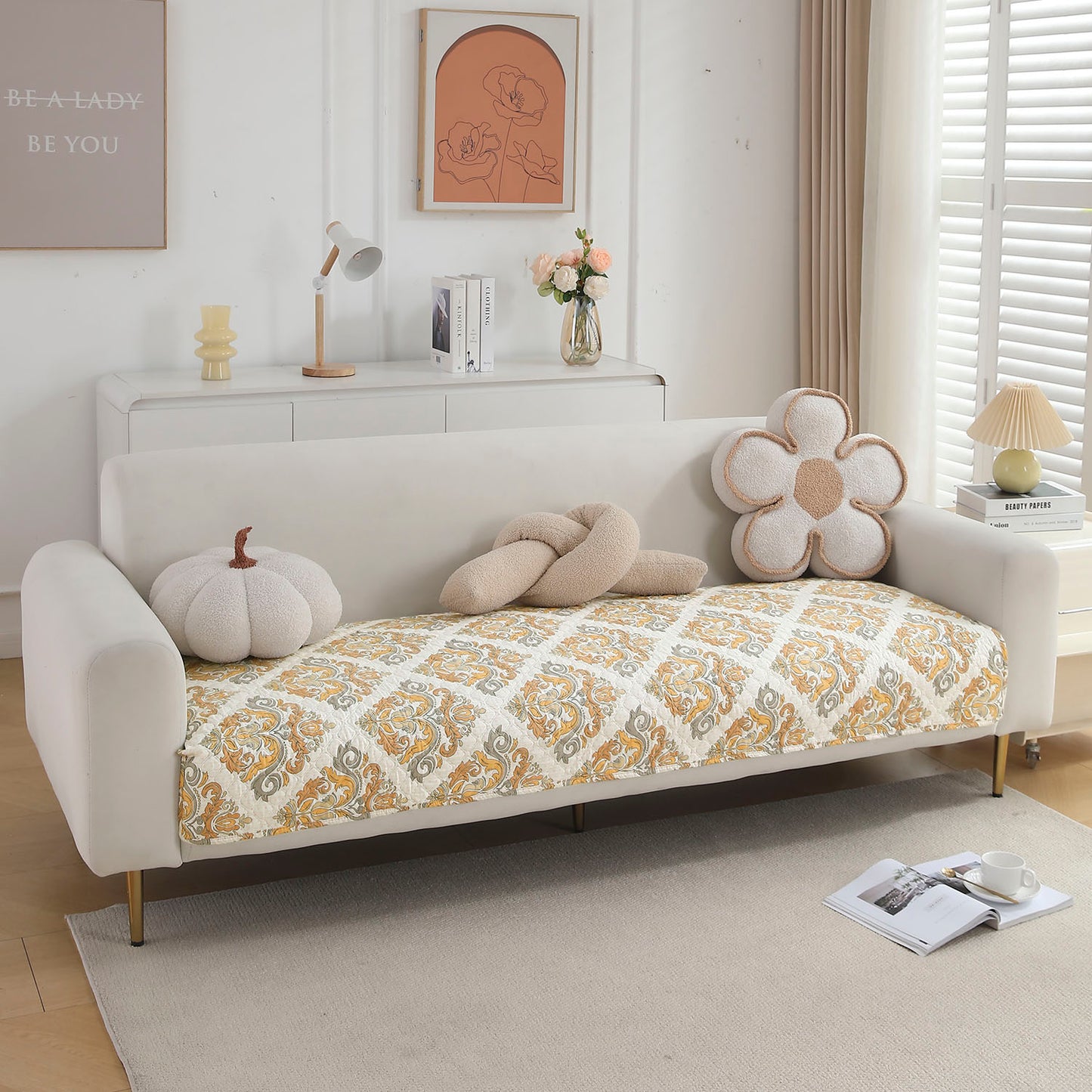 Polyester Printed Quilted Sofa Cover Mats, Damask Beige