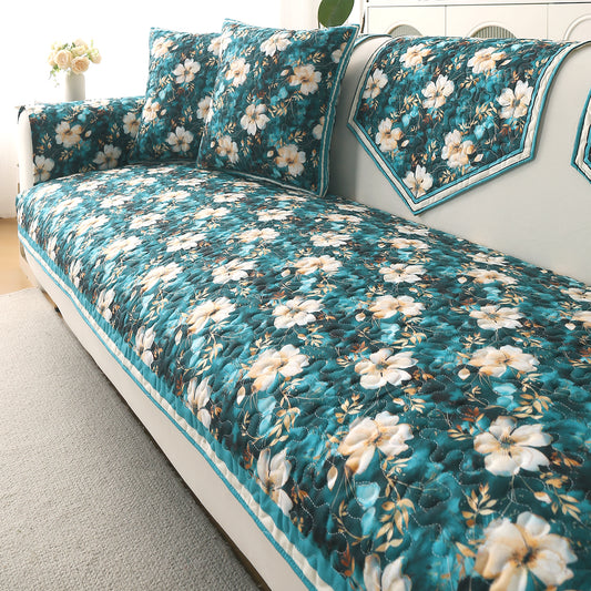 Florentina Series Premium Holland Velvet Sofa Cover Mat - Pansies Teal