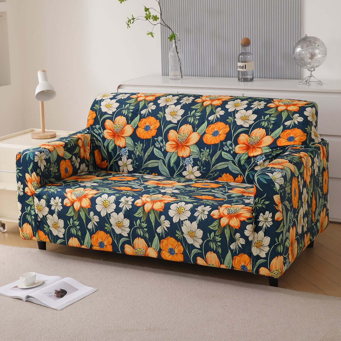 Premium Printed Velvet Sofa Cover 1/2/3 Seaters Fully Covered, Teal Twilight Garden
