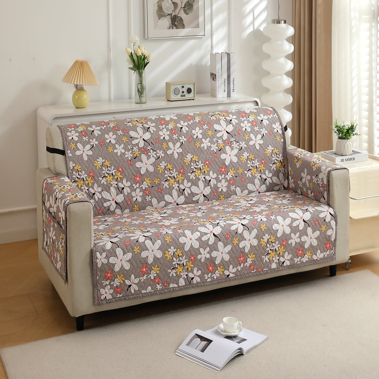 Quilted Sofa Cover with Pockets, Pastel Brown Sandwort Flower