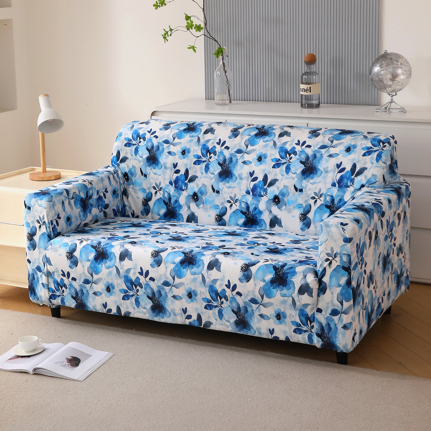 Premium Printed Velvet Sofa Cover 1/2/3 Seaters Fully Covered, Blue Azure Botanical