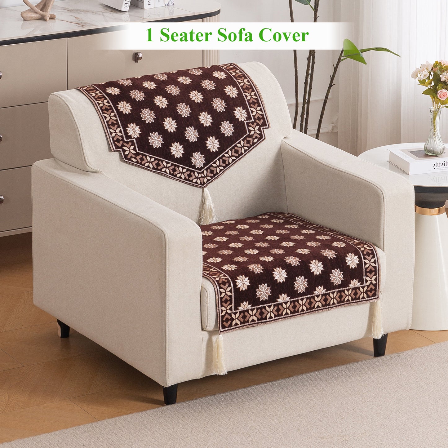 Heritage Weave Premium Jacquard Sofa Cover Set with Tassels - Coffee Brown
