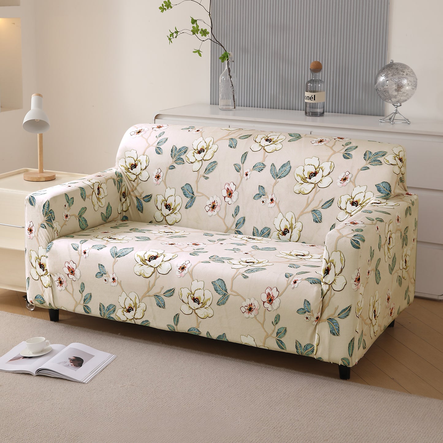 Premium Printed Velvet Sofa Cover 1/2/3 Seaters Fully Covered, Buttercream Magnolia Whisper