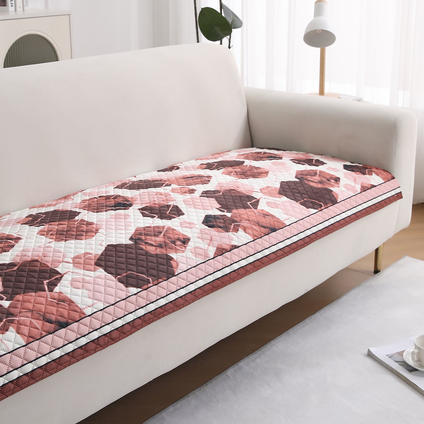 LiefNest Holland Velvet Sofa Cover Mat with Foam Filling - Geometric Hexagon Cider