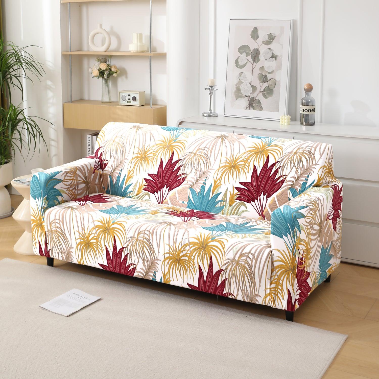 Cane Beige Ferns Printed stretchable 3 seater sofa covers