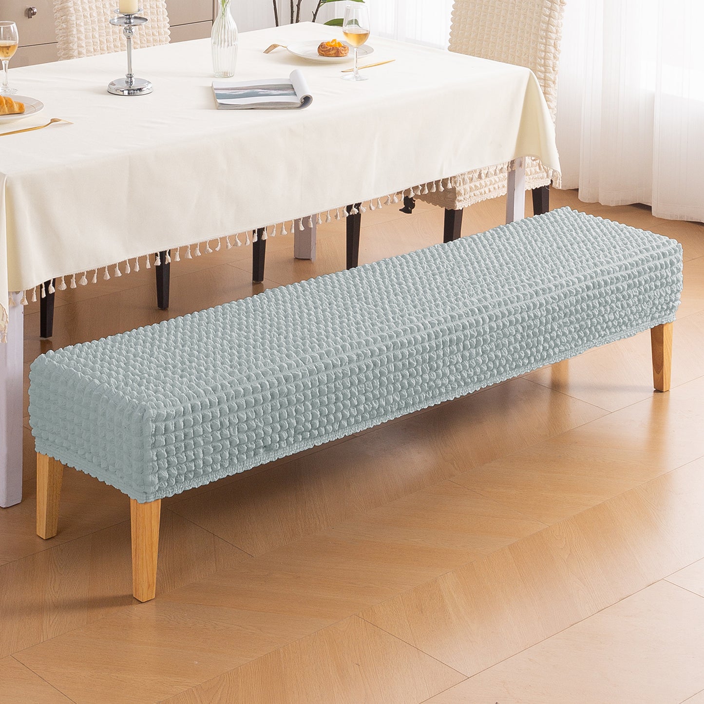 Aria Nova 280 GSM Stretchable Bubble Dining Bench Cover, Light Grey