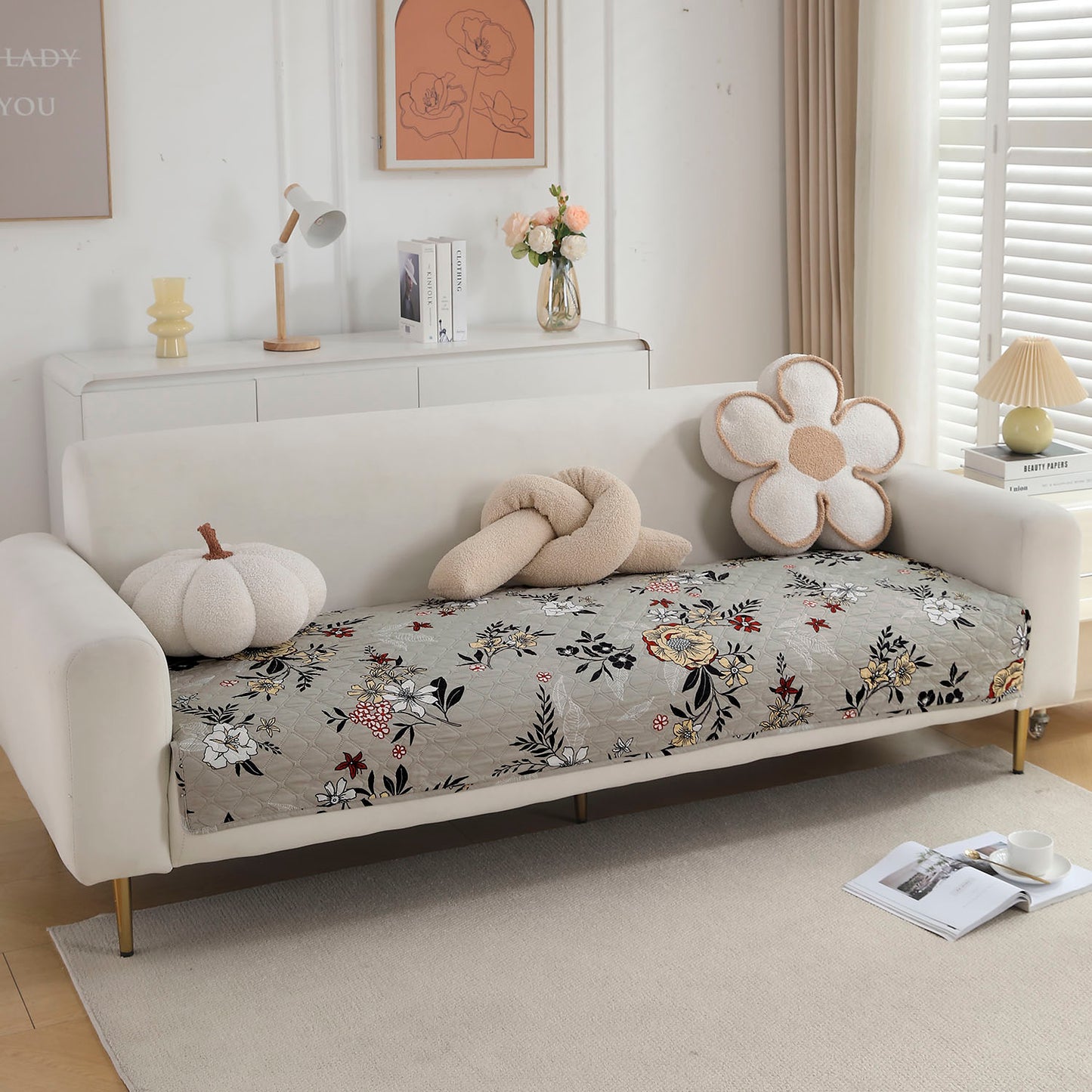 Polyester Printed Quilted Sofa Cover Mats, Floral Ash Grey
