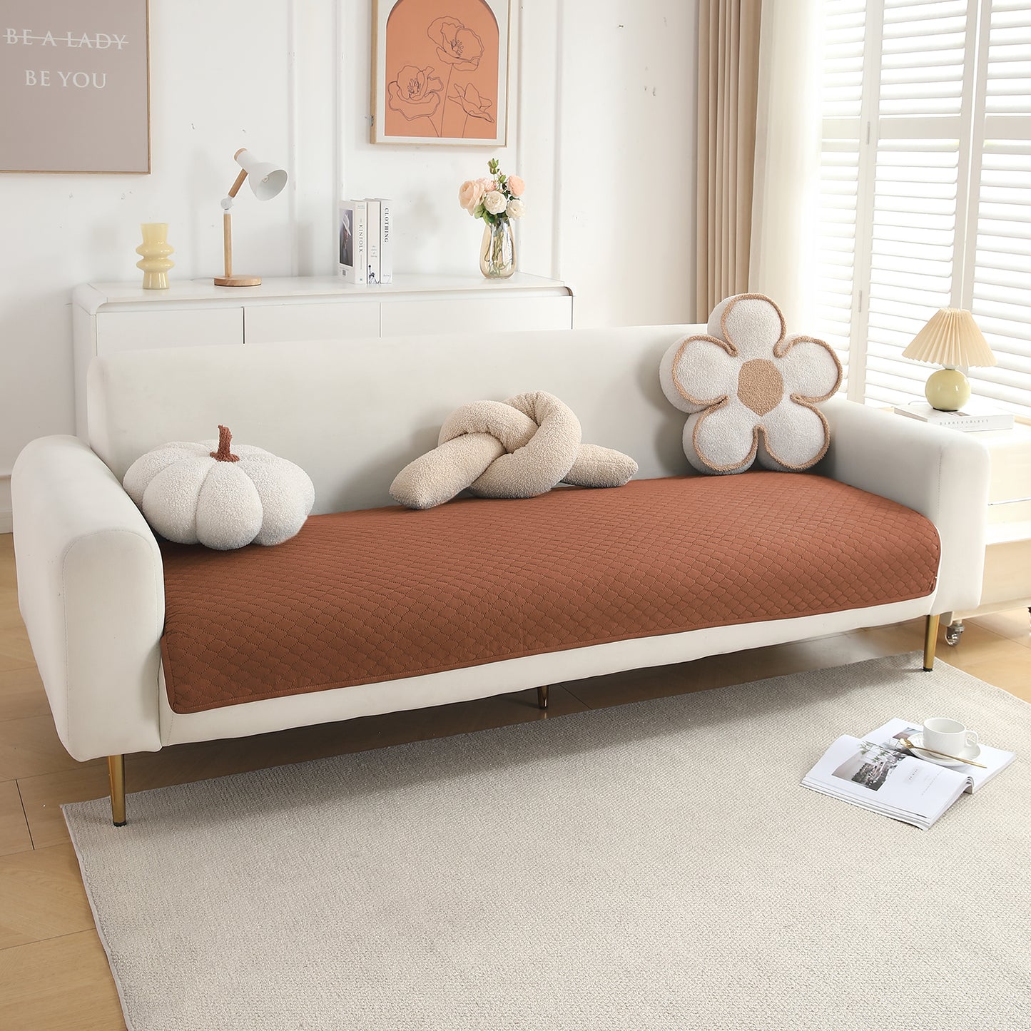 Polyester Quilted Sofa Cover Mats, Brown