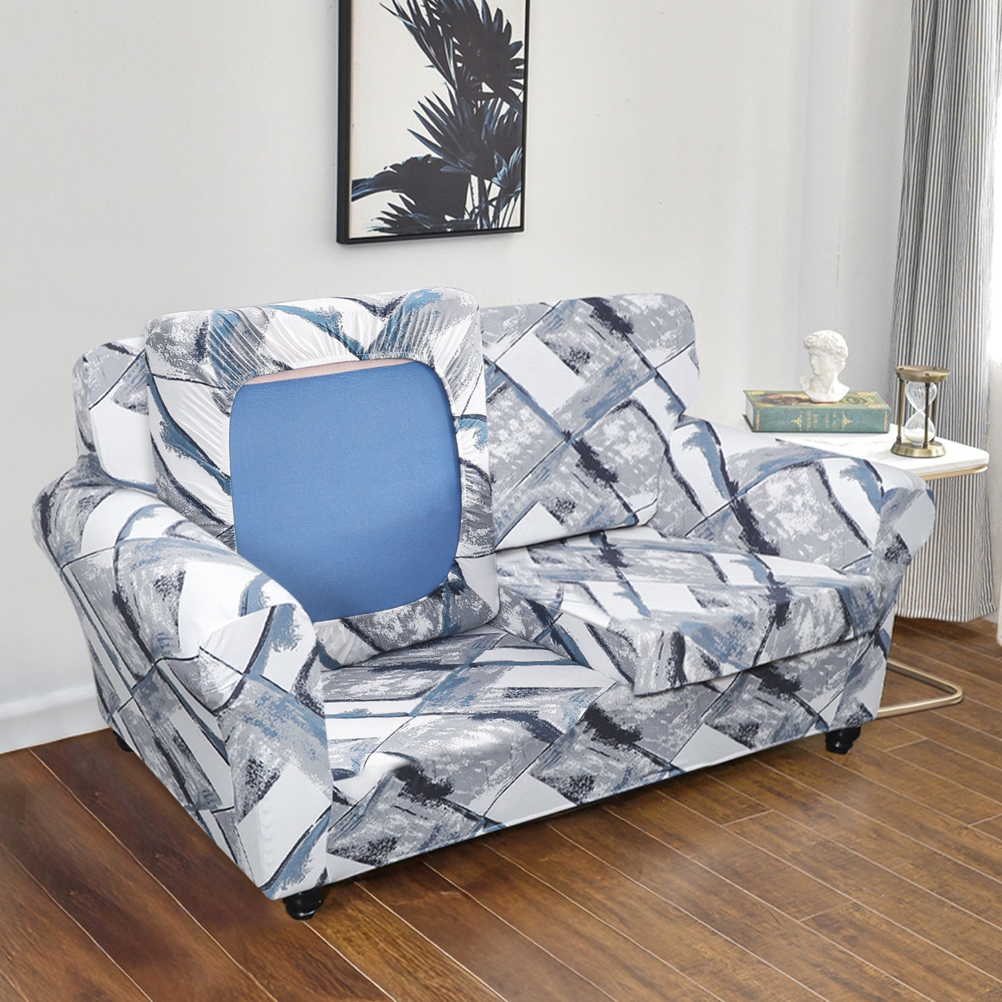 Printed Stretchable Sofa Slipcover with 1/2/3 Pc Separate Seat Cushion Cover for each 1/2/3 Seater, Graphite Glacier Grid