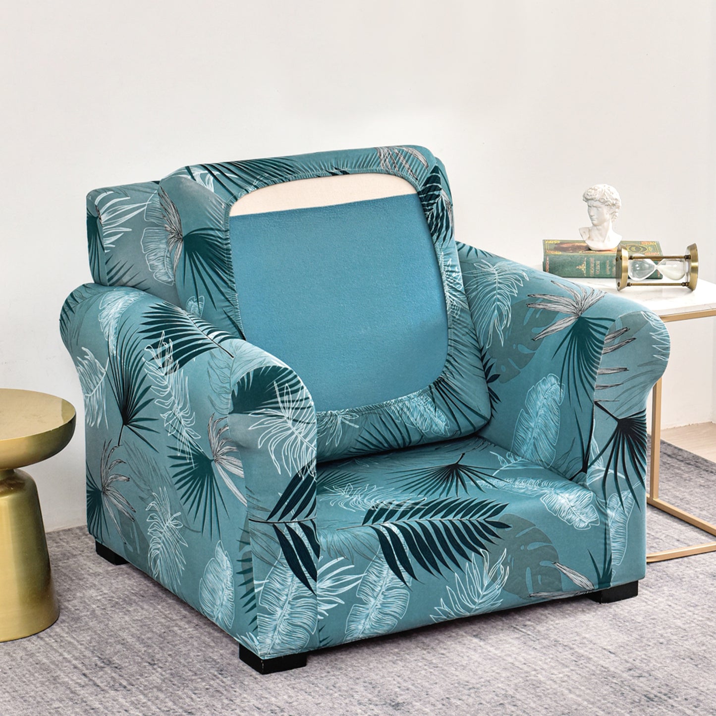Printed Stretchable Sofa Slipcover with 1/2/3 Pc Separate Seat Cushion Cover for each 1/2/3 Seater, Aqua Palm Whisper