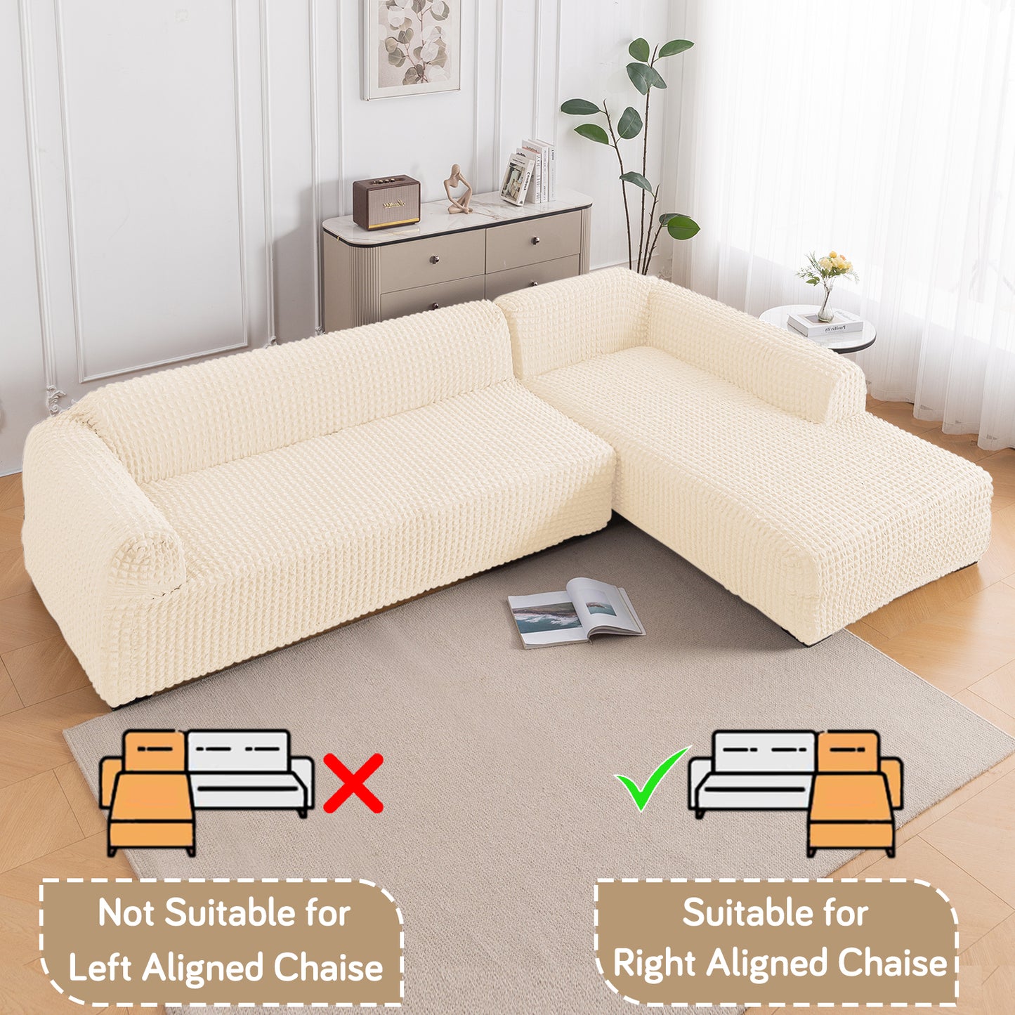 Aria Nova Bubble 2-Piece Stretchable L Shape Sofa Cover with Right Chaise, Light Cream