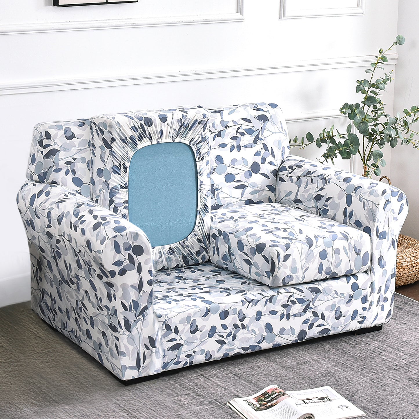Printed Stretchable Sofa Slipcover with 1/2/3 Pc Separate Seat Cushion Cover for each 1/2/3 Seater,Frost Blue Foilage