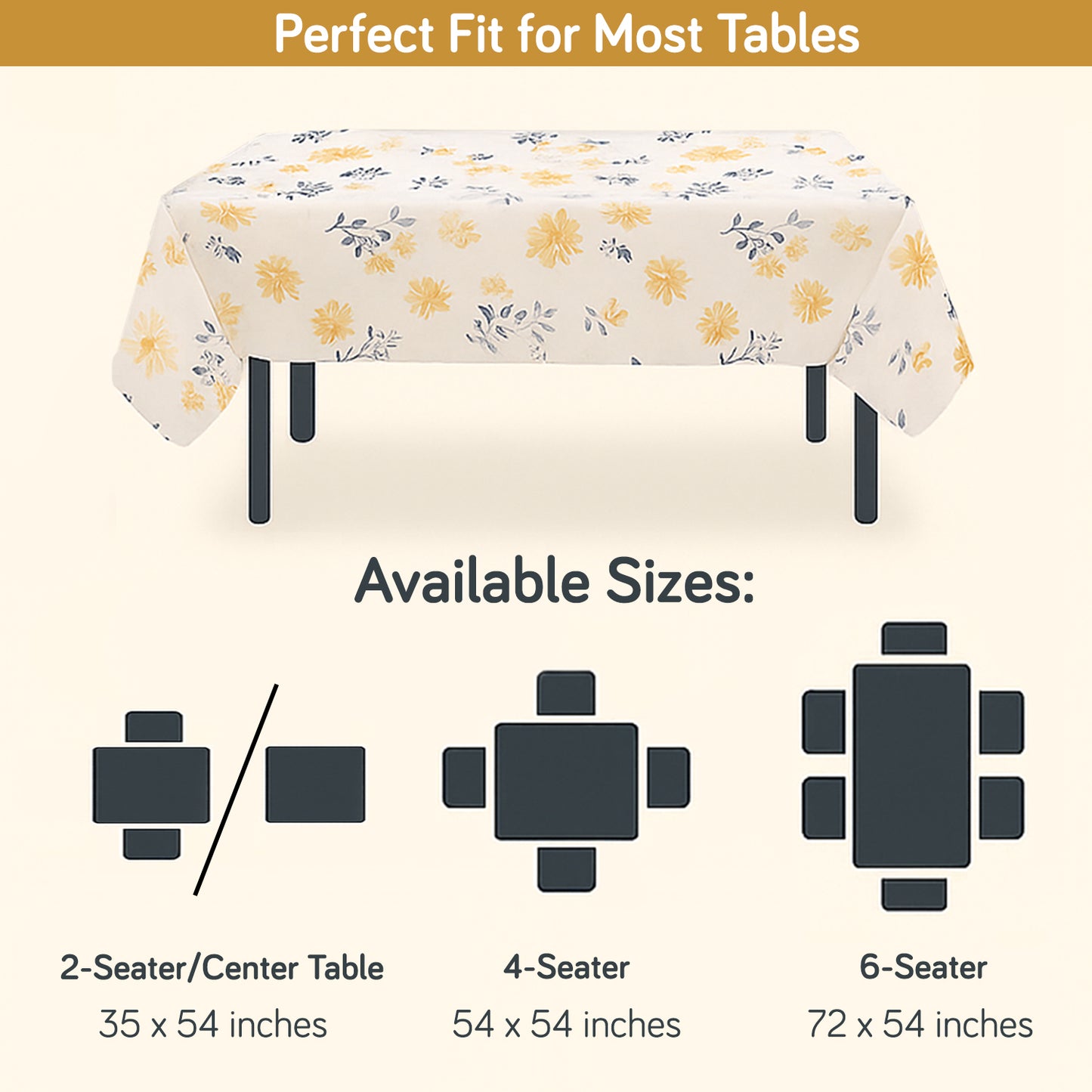 PEVA Waterproof Table Cover Cloth for 2/4/6 Seater Dining Table | Dustproof Table Cloth for Center Table, Study & Coffee Table, Butterscotch Yellow Daisy