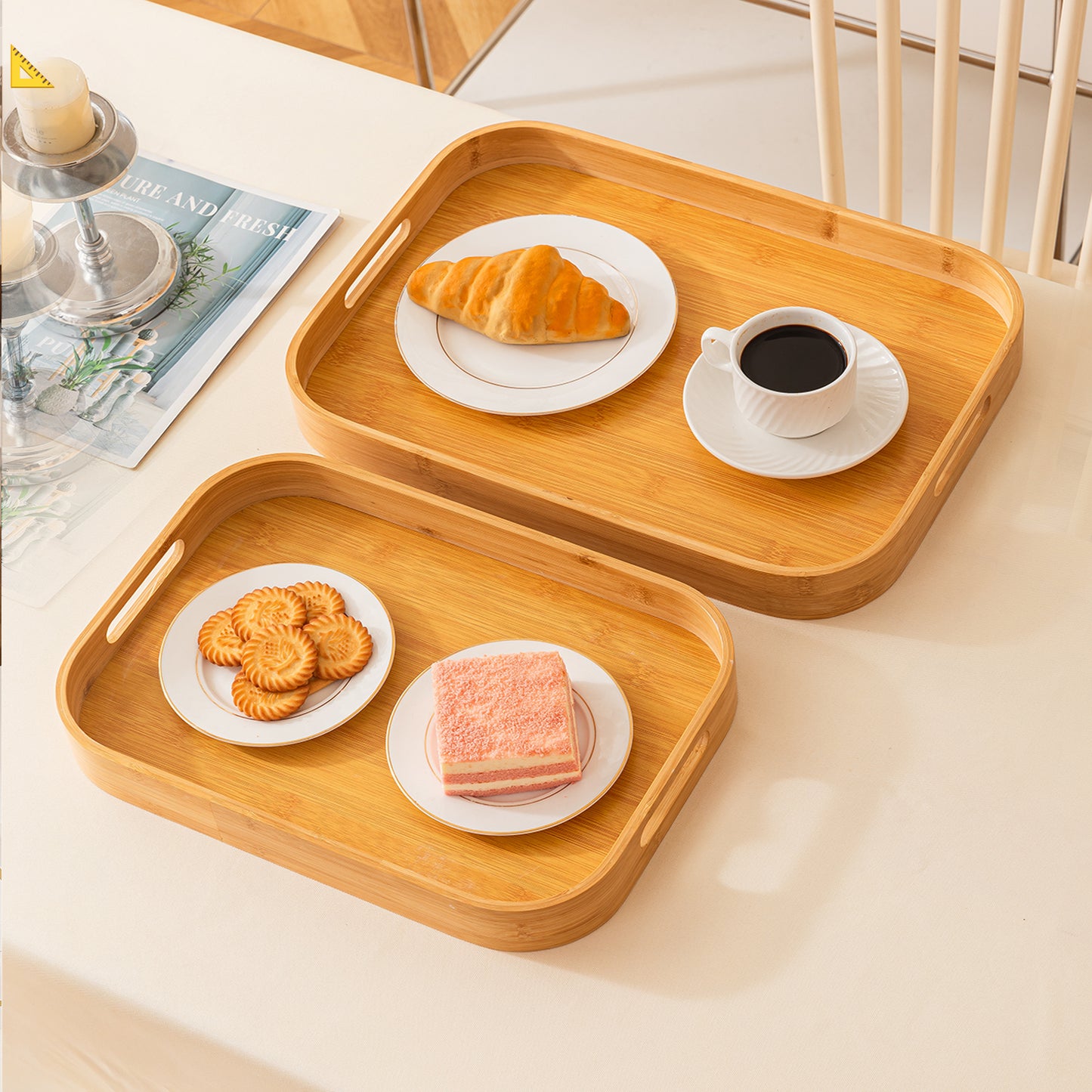 Natural Bamboo Serving Tray Set of 2/3 – Multipurpose Kitchen Tray with Handles
