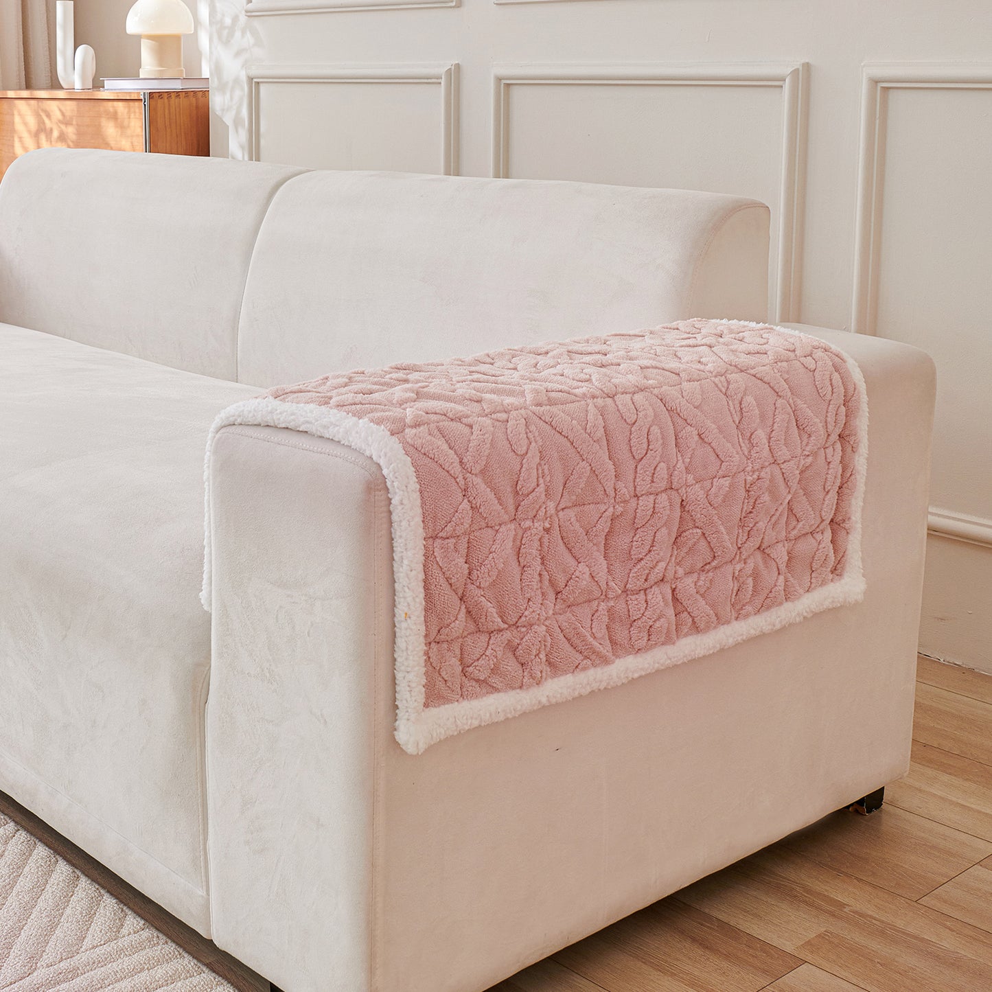 'Italian Caelora' Luxury Jacquard Plush Sofa Cover Mat and Anti-Slip Armrest Covers - Misty Rose