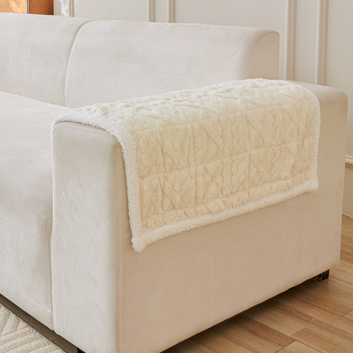 'Italian Caelora' Luxury Jacquard Plush Sofa Cover Mat and Anti-Slip Armrest Covers - Pearl Whit