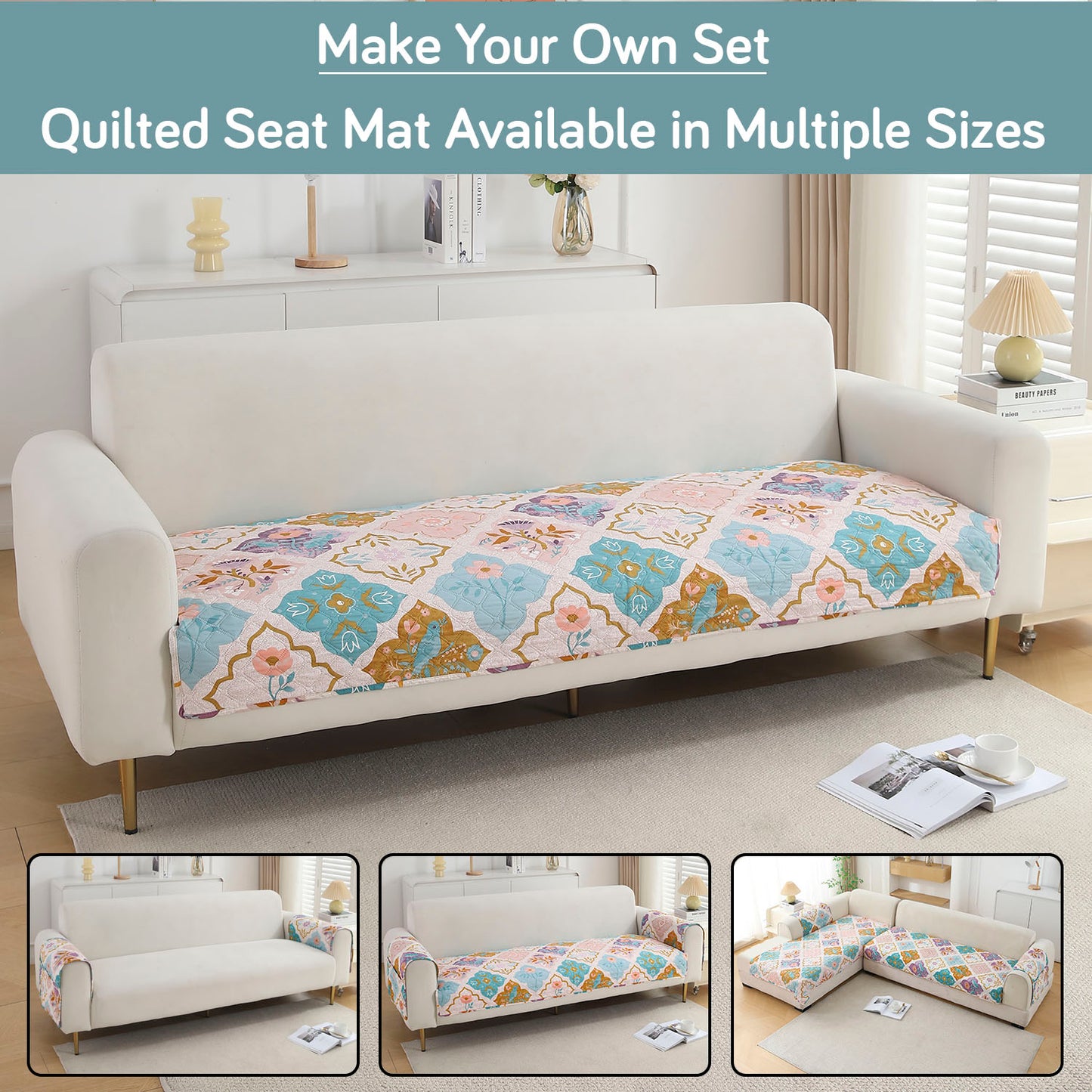 Polyester Printed Quilted Sofa Cover Mats, Quatrefoil Multicolor