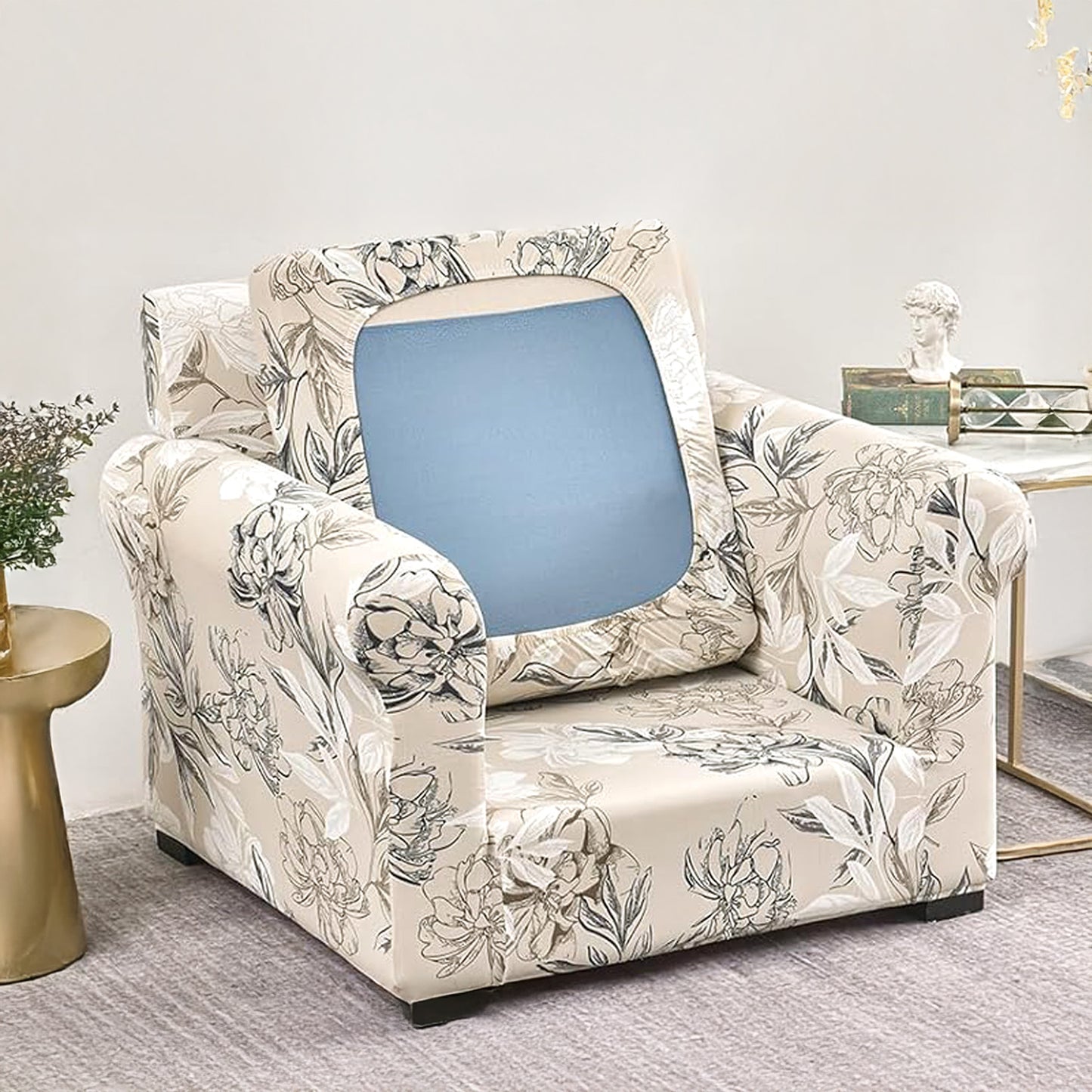 Printed Stretchable Sofa Slipcover with 1/2/3 Pc Separate Seat Cushion Cover for each 1/2/3 Seater, Beige Vintage Peony
