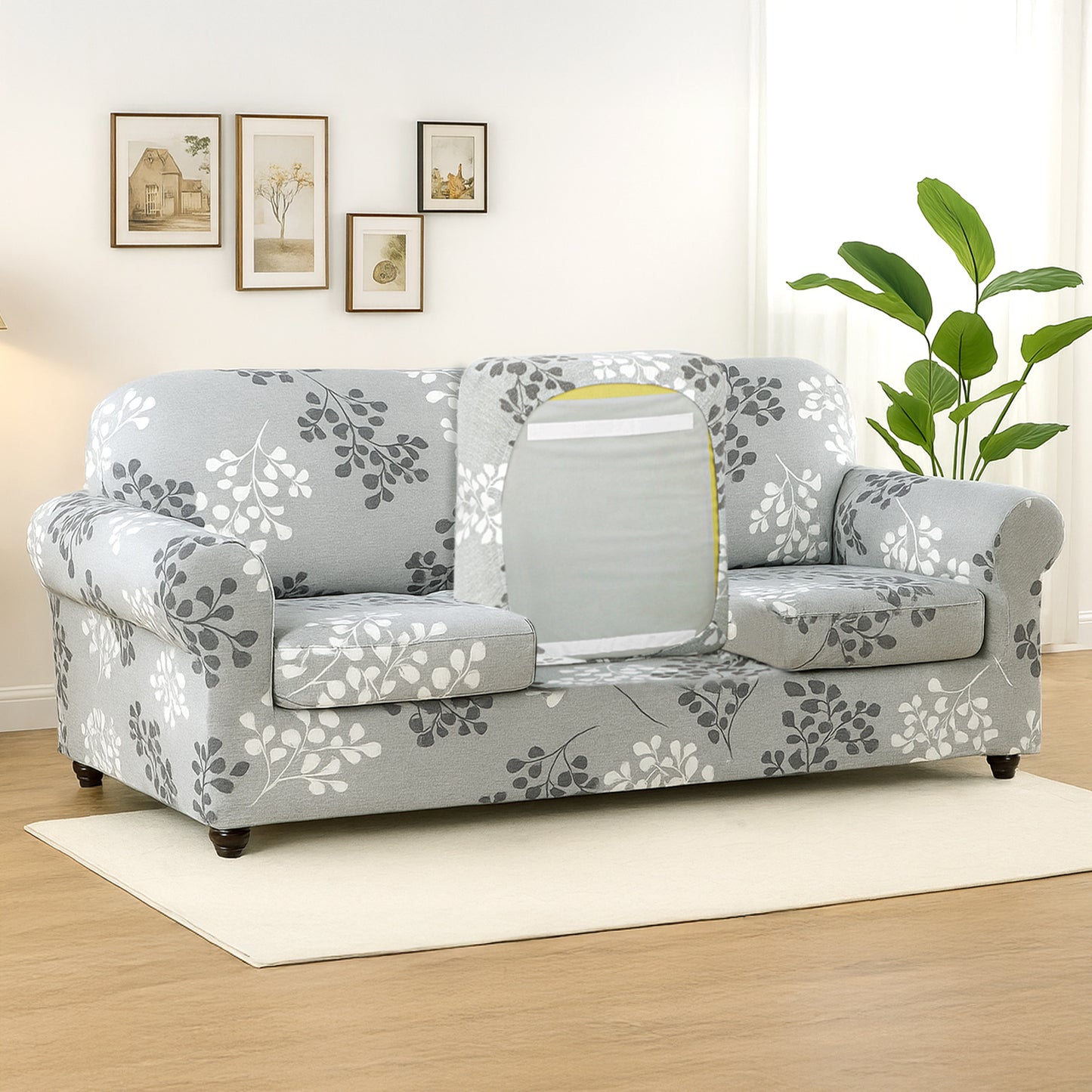 Printed Stretchable Sofa Slipcover with 1/2/3 Pc Separate Seat Cushion Cover for each 1/2/3 Seater, Grey Misty Branches