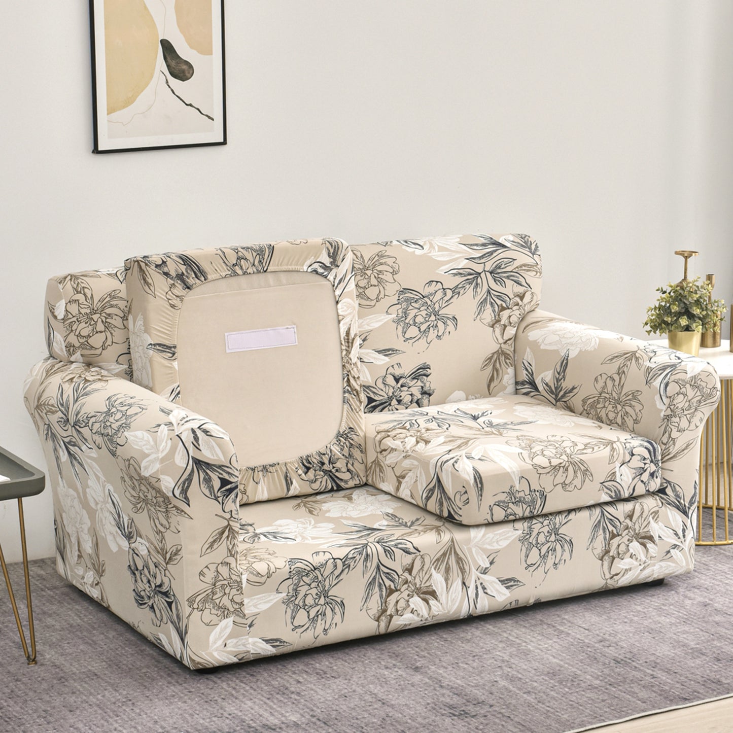 Printed Stretchable Sofa Slipcover with 1/2/3 Pc Separate Seat Cushion Cover for each 1/2/3 Seater, Beige Vintage Peony