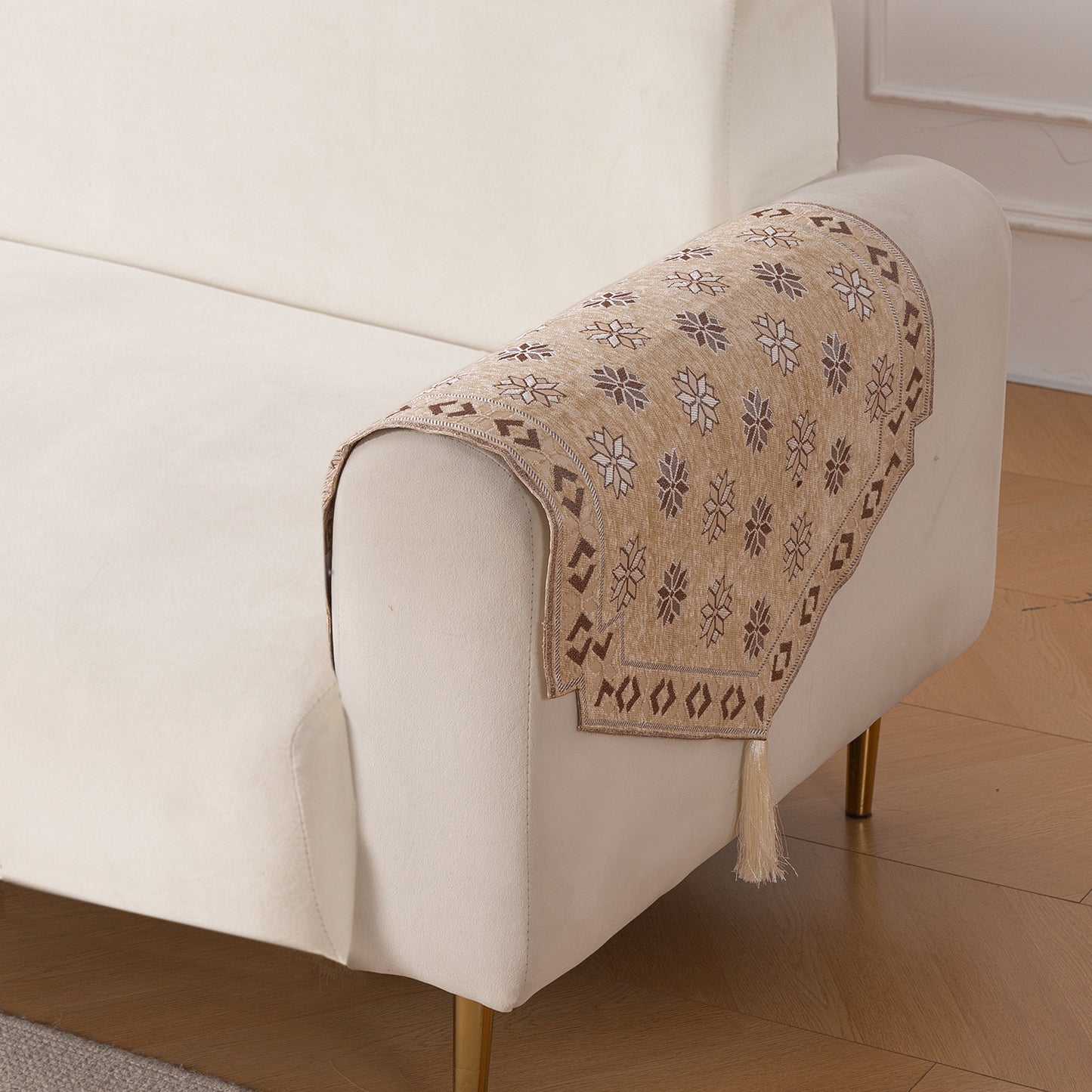Heritage Weave Premium Jacquard Sofa Cover Set with Tassels - Sandy Beige
