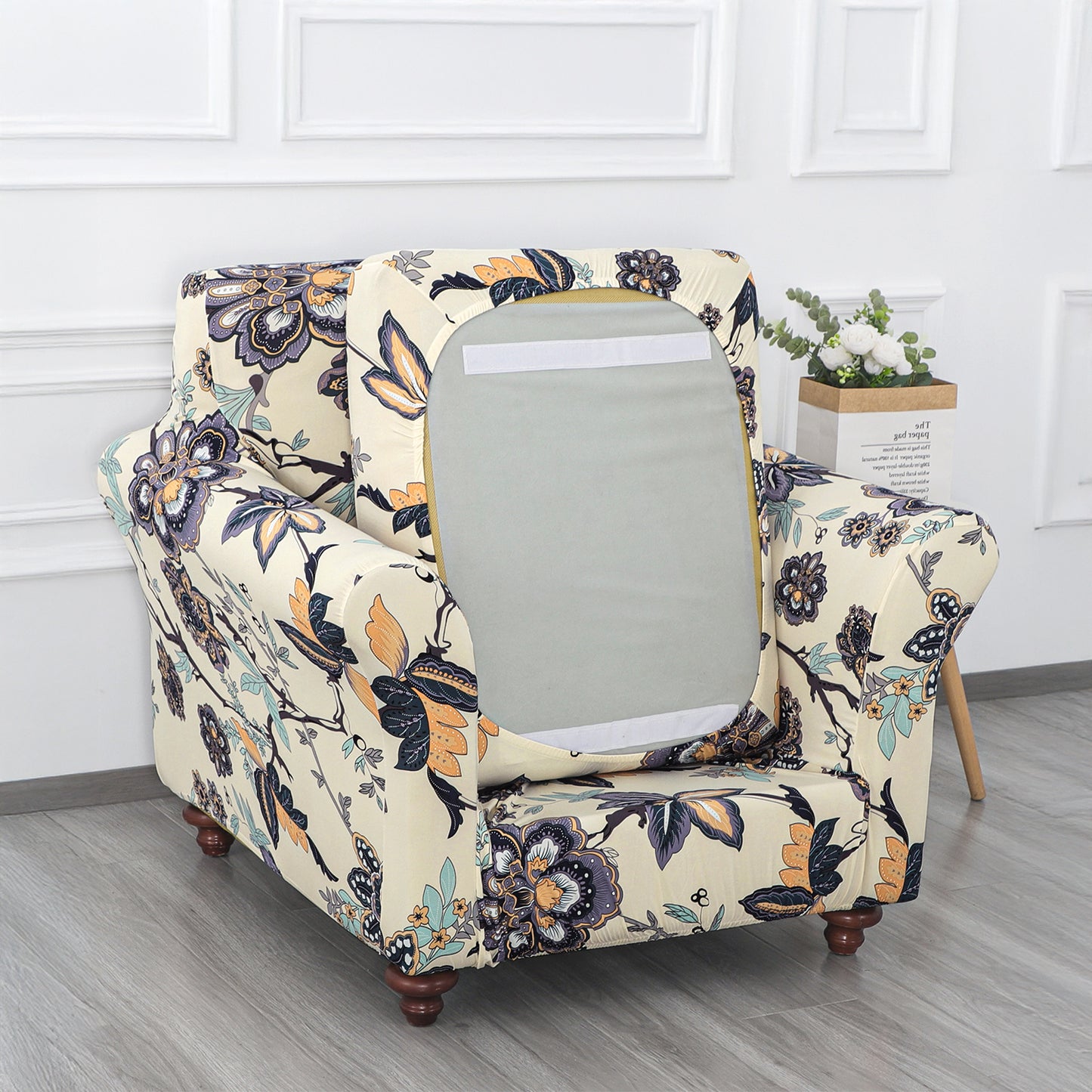 Printed Stretchable Sofa Slipcover with 1/2/3 Pc Separate Seat Cushion Cover for each 1/2/3 Seater, Cream Majestic Flora