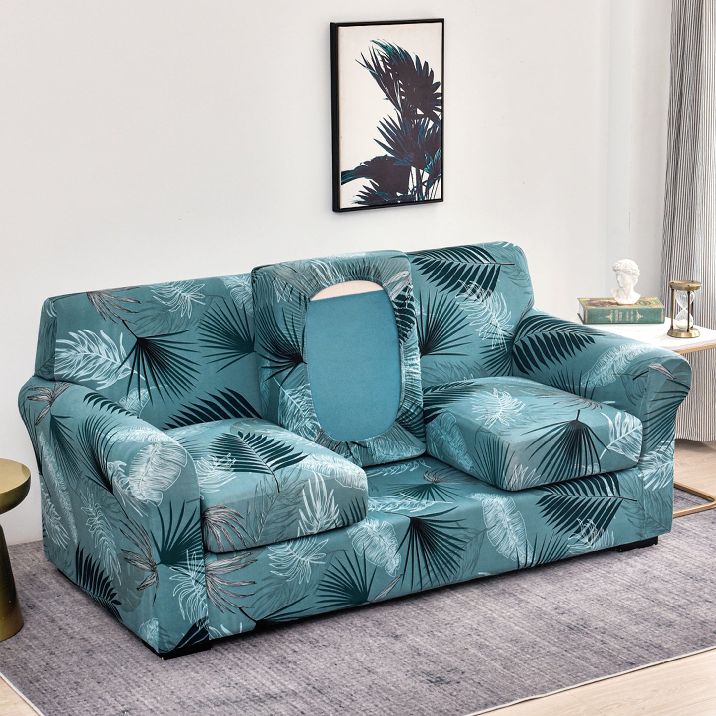 Printed Stretchable Sofa Slipcover with 1/2/3 Pc Separate Seat Cushion Cover for each 1/2/3 Seater, Aqua Palm Whisper