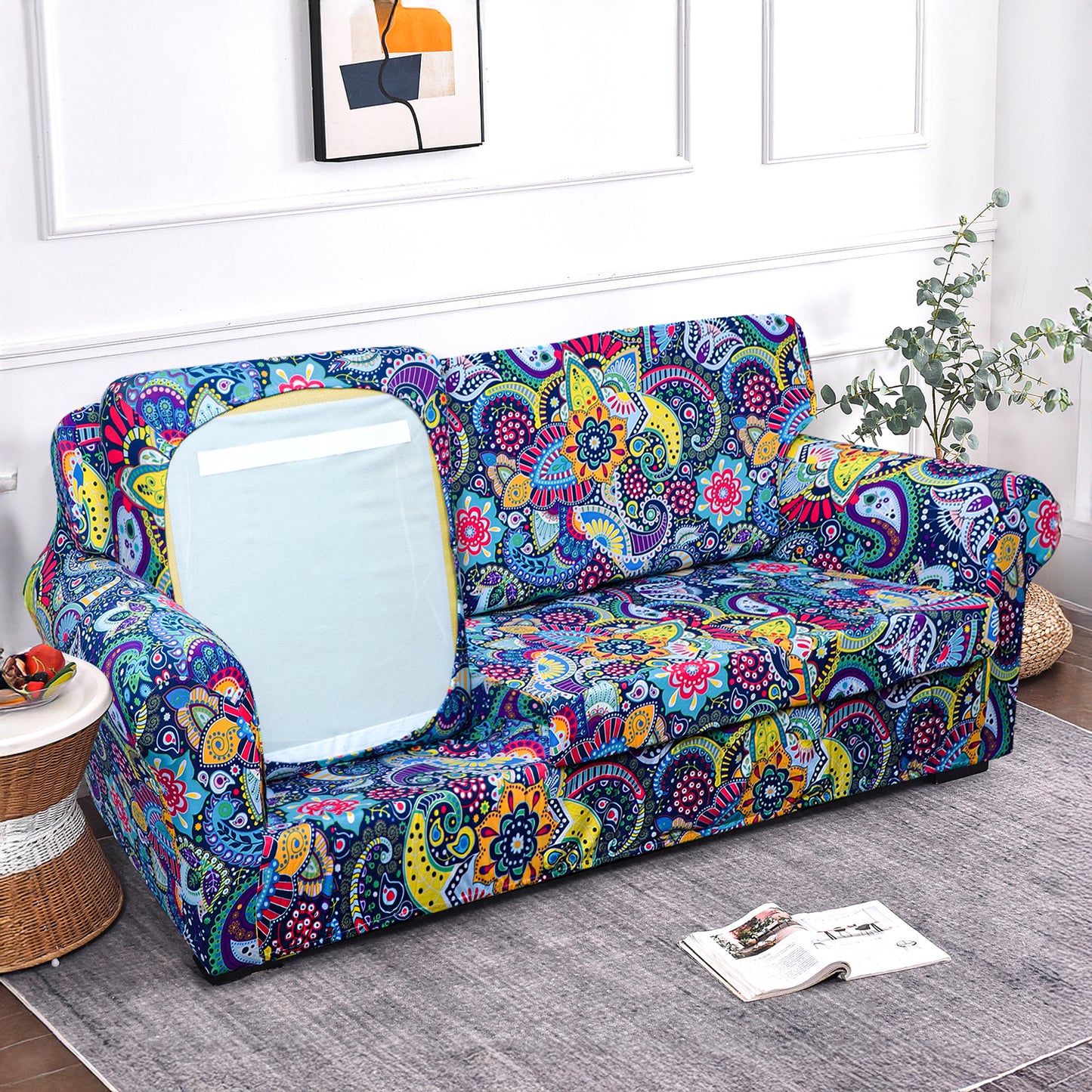 Printed Stretchable Sofa Slipcover with 1/2/3 Pc Separate Seat Cushion Cover for each 1/2/3 Seater, Saphire Boho Carnival