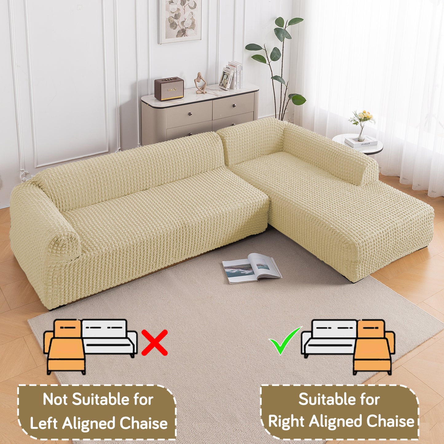 Aria Nova Bubble 2-Piece Stretchable L Shape Sofa Cover with Right Chaise, Beige