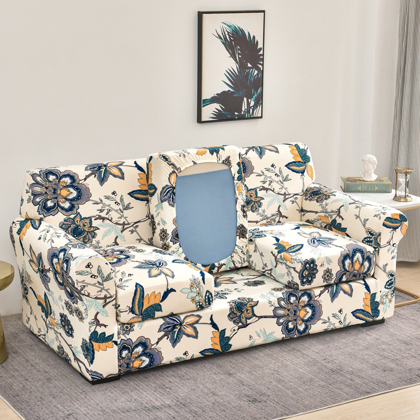 Printed Stretchable Sofa Slipcover with 1/2/3 Pc Separate Seat Cushion Cover for each 1/2/3 Seater, Cream Majestic Flora
