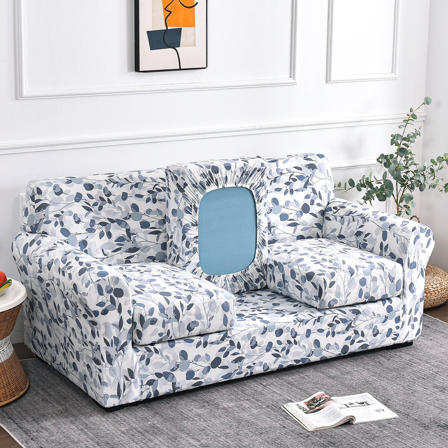 Printed Stretchable Sofa Slipcover with 1/2/3 Pc Separate Seat Cushion Cover for each 1/2/3 Seater,Frost Blue Foilage