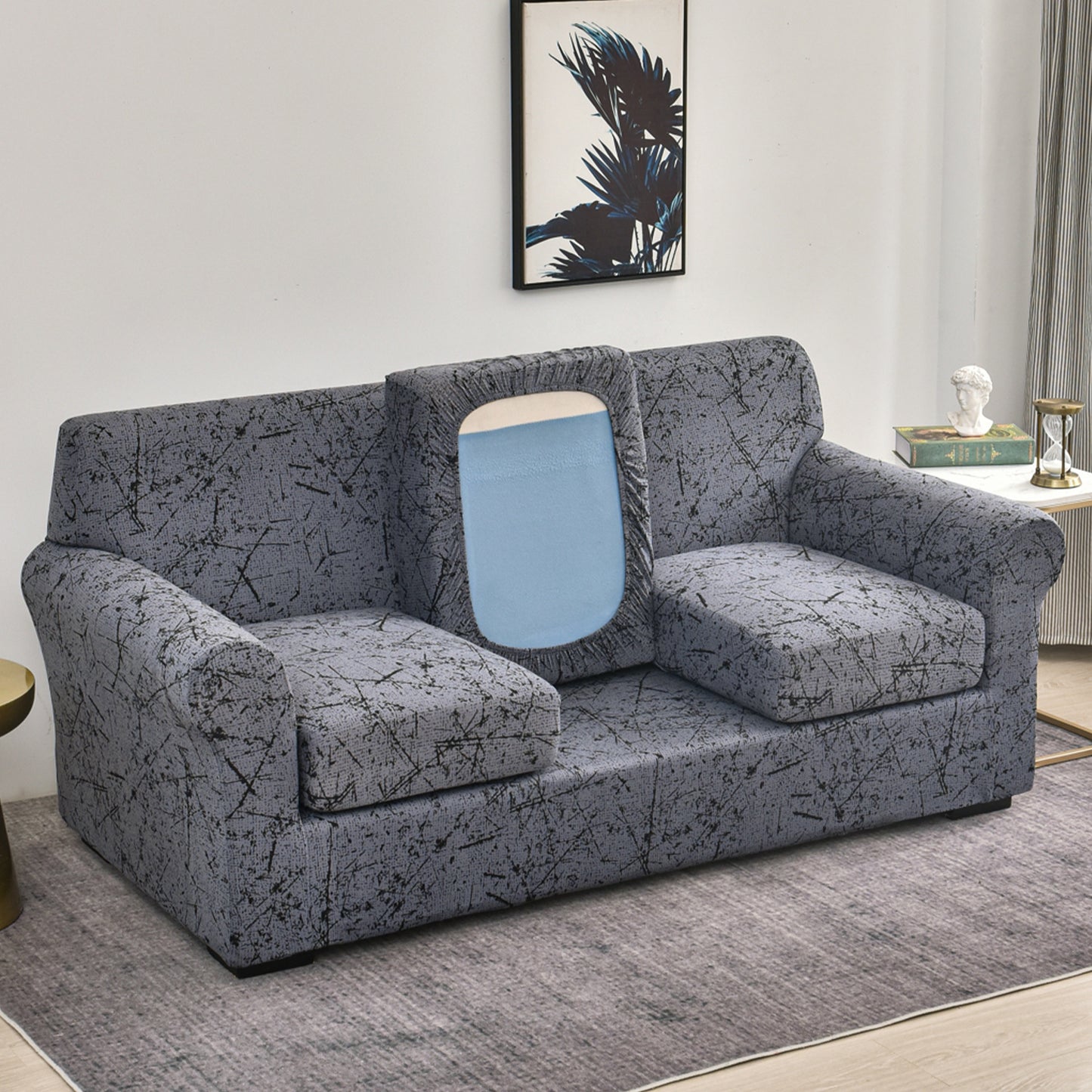 Printed Stretchable Sofa Slipcover with 1/2/3 Pc Separate Seat Cushion Cover for each 1/2/3 Seater, Intense Grey Splatter