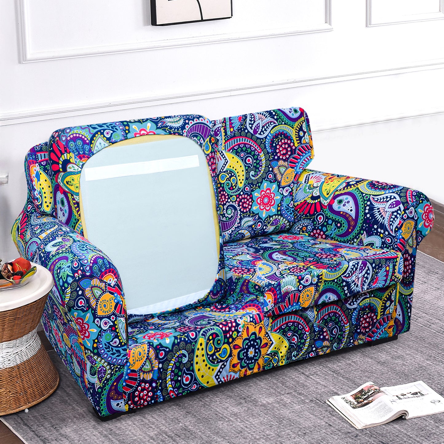 Printed Stretchable Sofa Slipcover with 1/2/3 Pc Separate Seat Cushion Cover for each 1/2/3 Seater, Saphire Boho Carnival