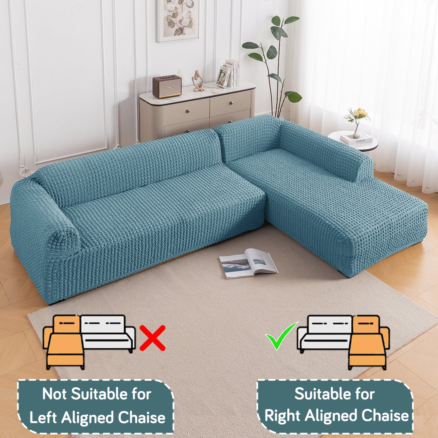 Aria Nova Bubble 2-Piece Stretchable L Shape Sofa Cover with Right Chaise, Tropical Teal