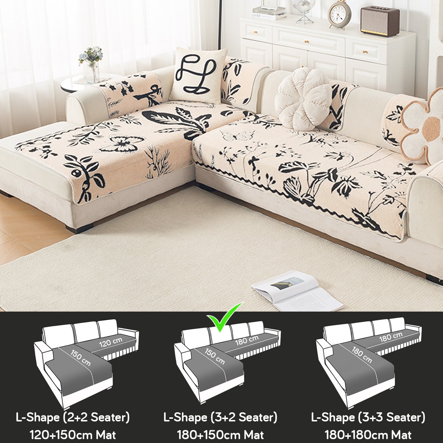 Luxury Plush Sherpa Anti Slip L Shape & Combination Sofa Mat, 'Noirea Series'|Butterfly Garden