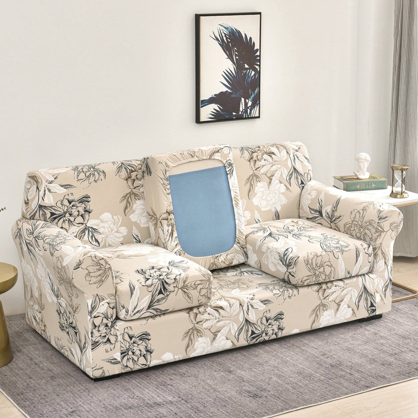 Printed Stretchable Sofa Slipcover with 1/2/3 Pc Separate Seat Cushion Cover for each 1/2/3 Seater, Beige Vintage Peony