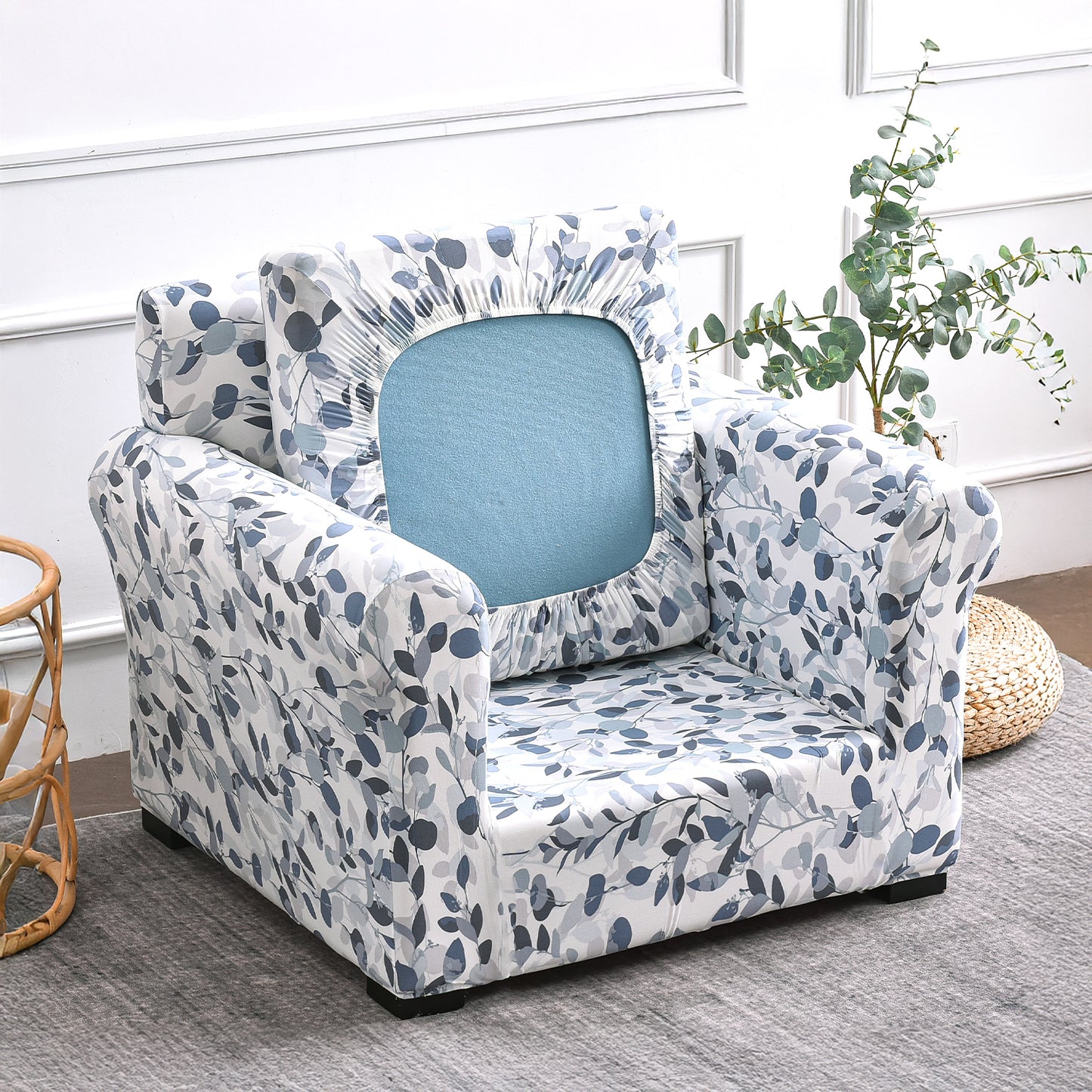 Printed Stretchable Sofa Slipcover with 1/2/3 Pc Separate Seat Cushion Cover for each 1/2/3 Seater,Frost Blue Foilage