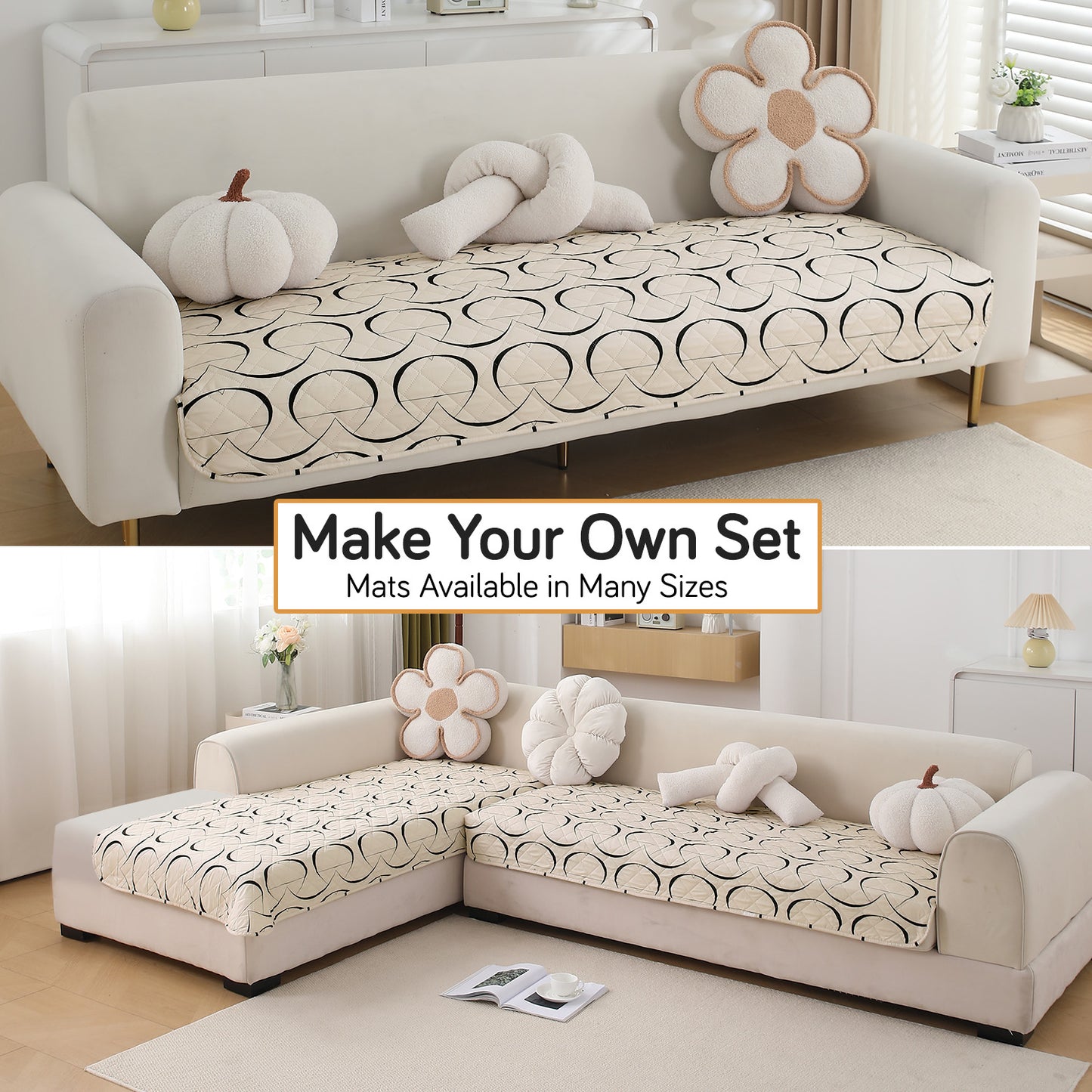 HOKIPO Water Repellent + Waterproof Quilted Sofa Mats, Natural Beige Abstract Art