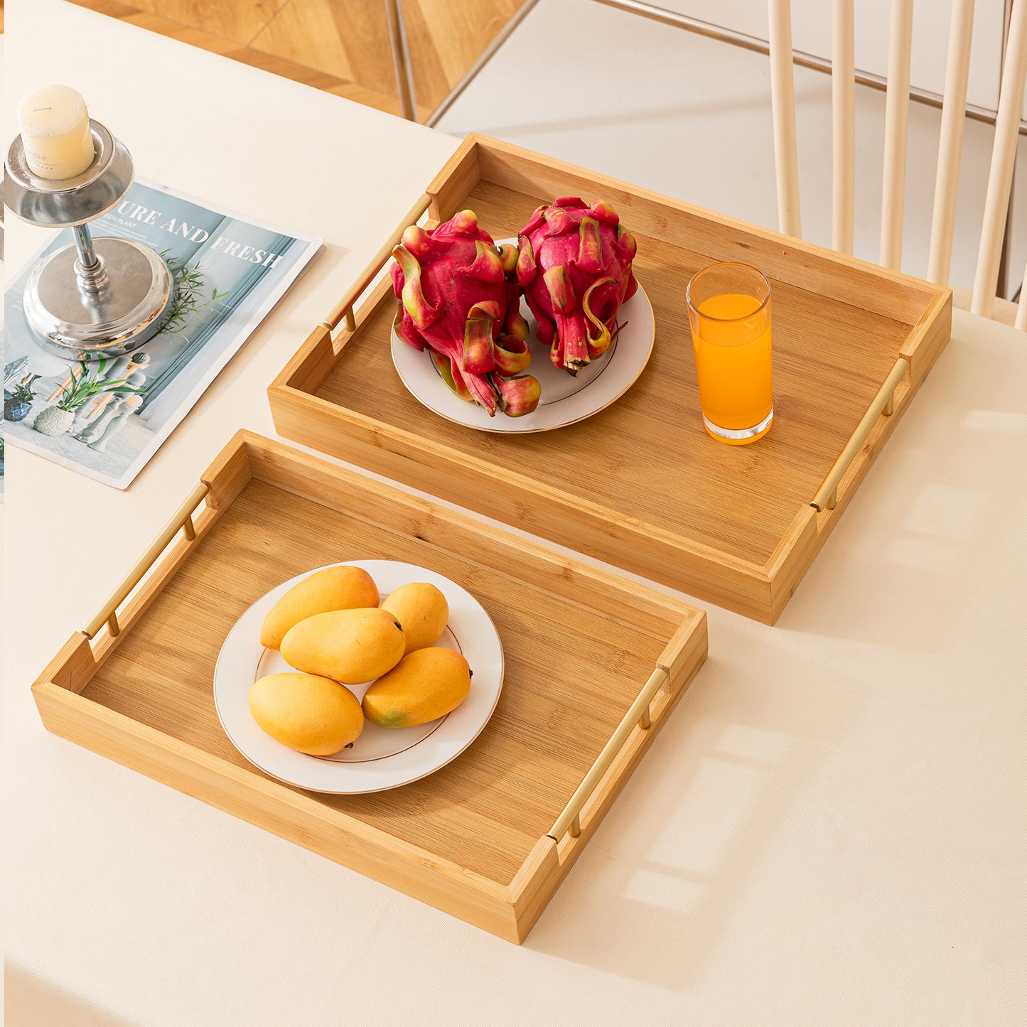 Bamboo Set of 2/3 Serving Tray Set with Gold Handles – Elegant Wooden Trays for Kitchen