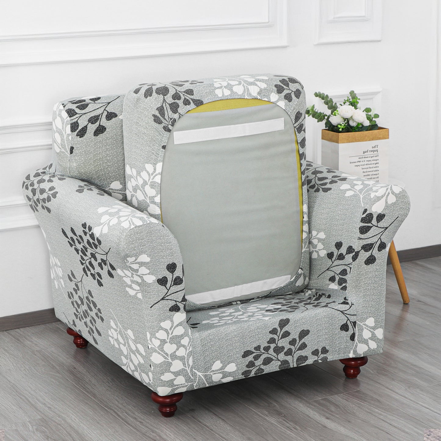 Printed Stretchable Sofa Slipcover with 1/2/3 Pc Separate Seat Cushion Cover for each 1/2/3 Seater, Grey Misty Branches