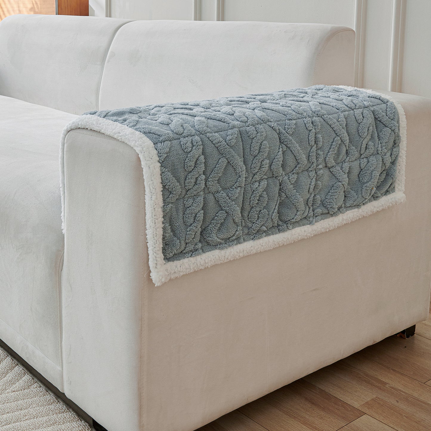 'Italian Caelora' Luxury Jacquard Plush Sofa Cover Mat and Anti-Slip Armrest Covers - Powder Blue
