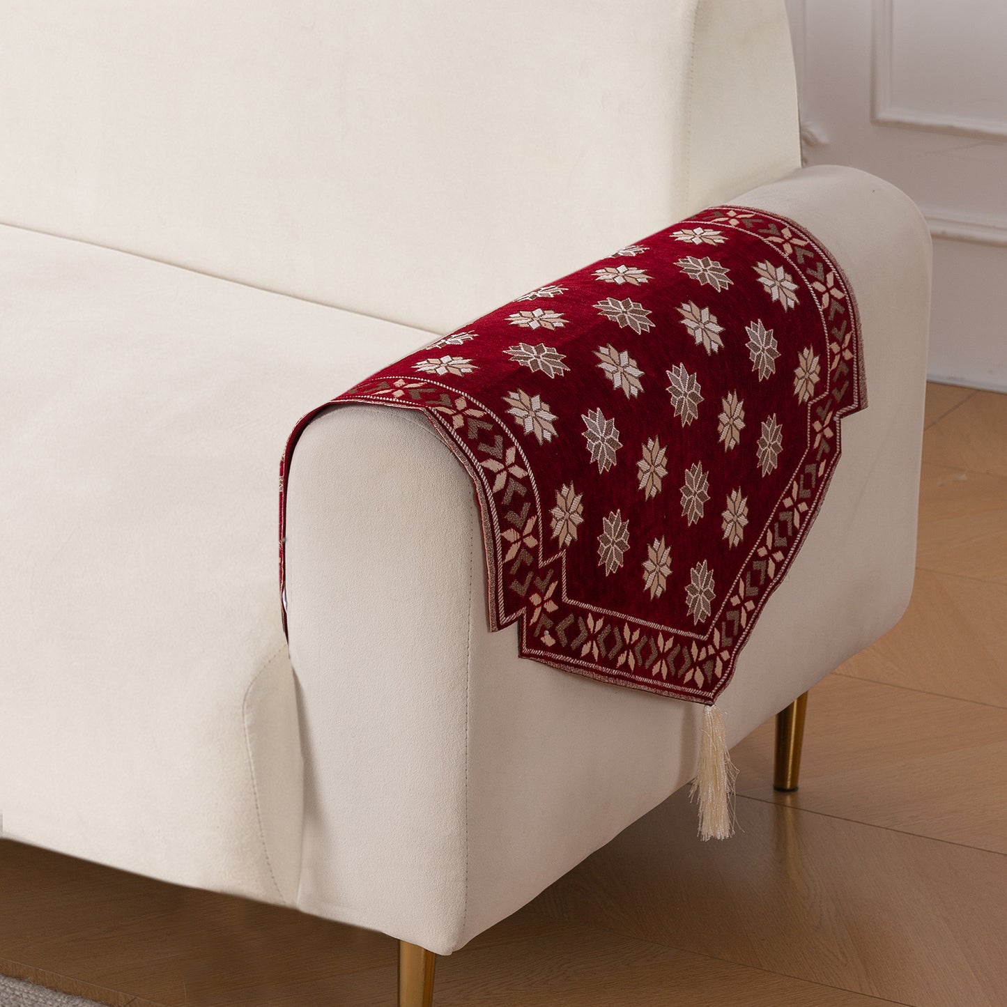 Heritage Weave Premium Jacquard Sofa Cover Set with Tassels - Crimson Red