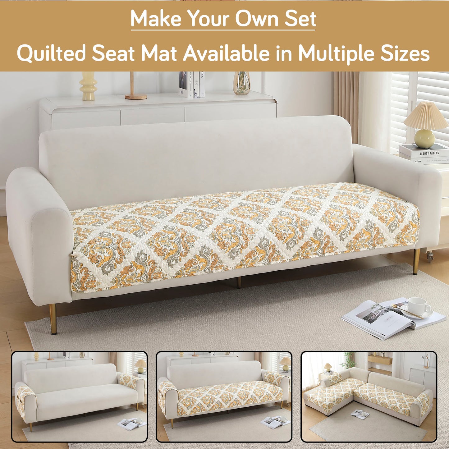 Polyester Printed Quilted Sofa Cover Mats, Damask Beige