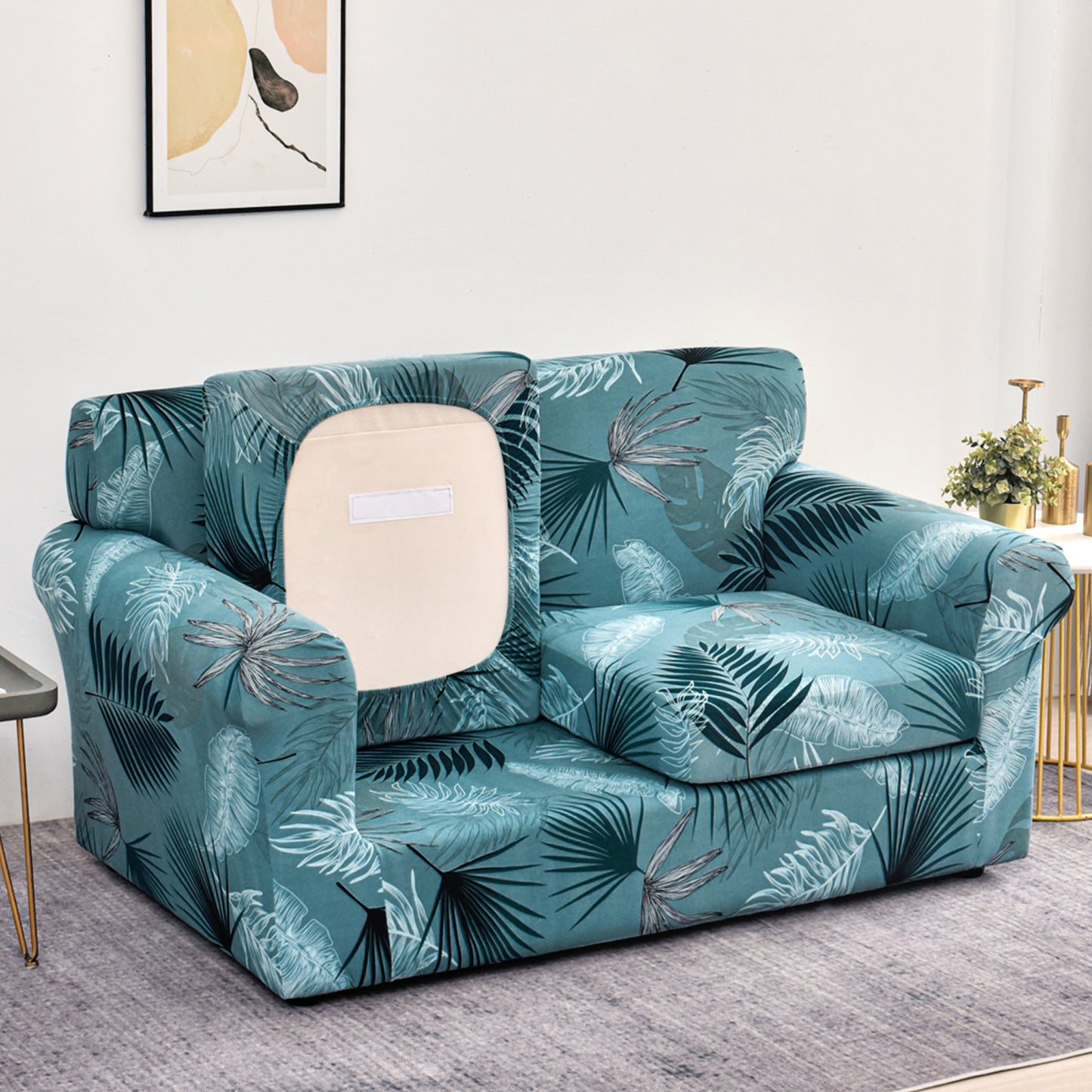Printed Stretchable Sofa Slipcover with 1/2/3 Pc Separate Seat Cushion Cover for each 1/2/3 Seater, Aqua Palm Whisper
