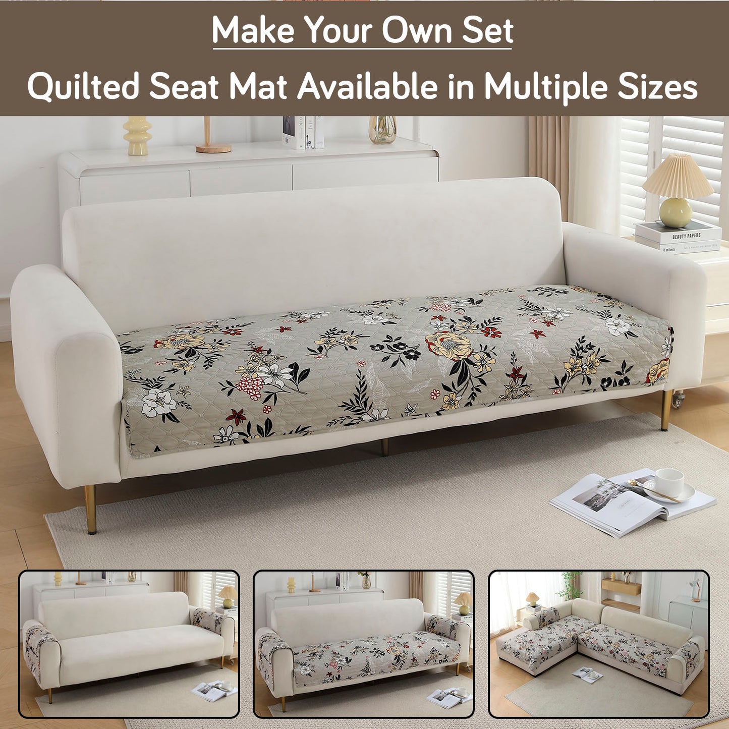 Polyester Printed Quilted Sofa Cover Mats, Floral Ash Grey