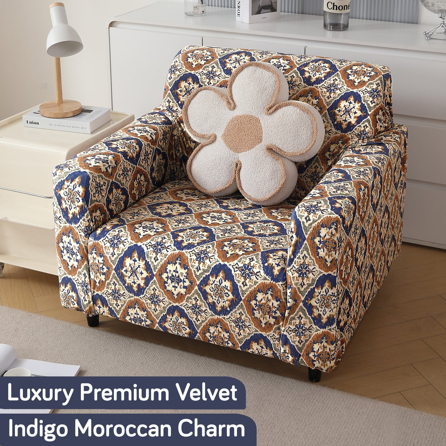 Premium Printed Velvet Sofa Cover 1/2/3 Seaters Fully Covered, Indigo Moroccan Charm
