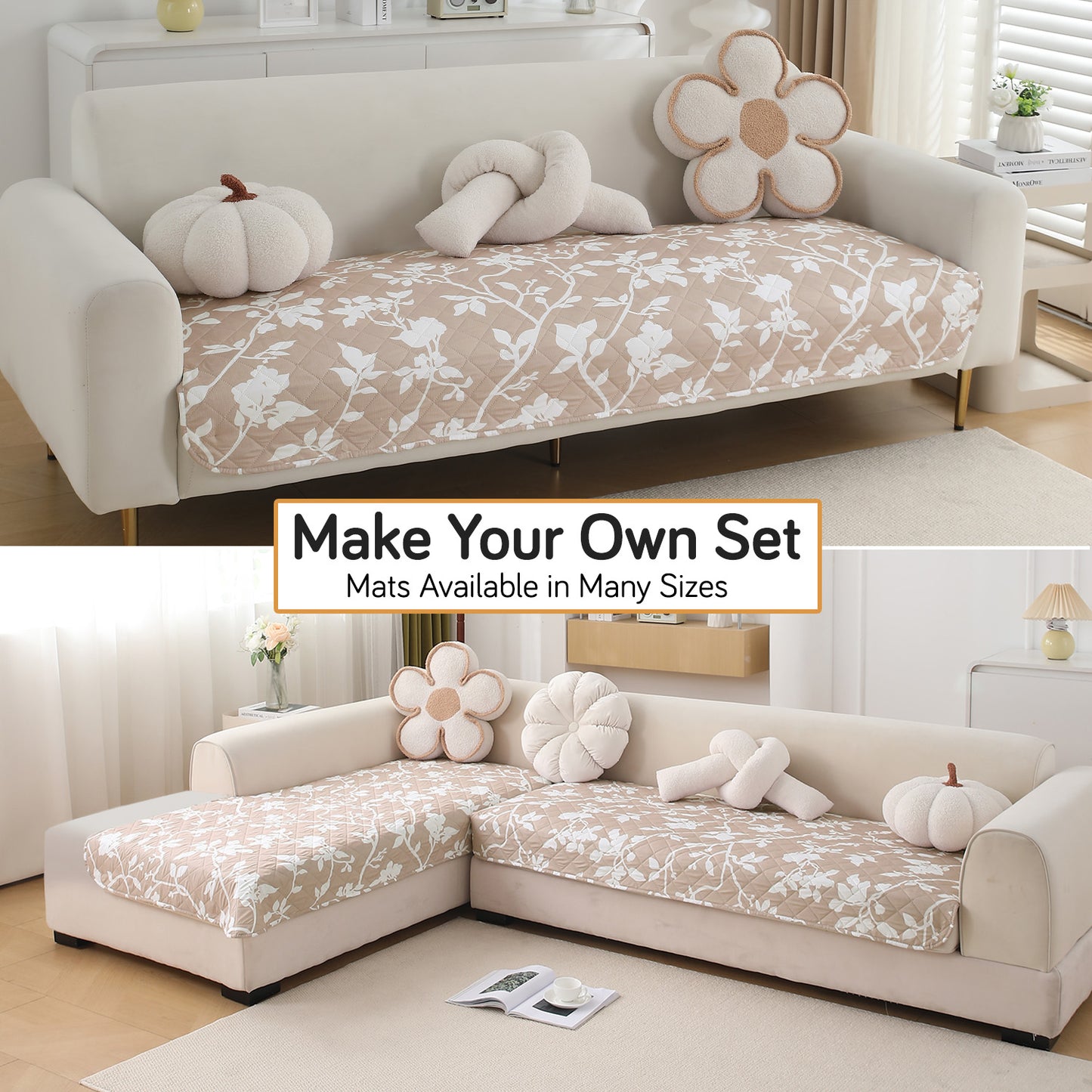 HOKIPO Water Repellent + Waterproof Quilted Sofa Mats, Buff Brown Sillehoute Floral