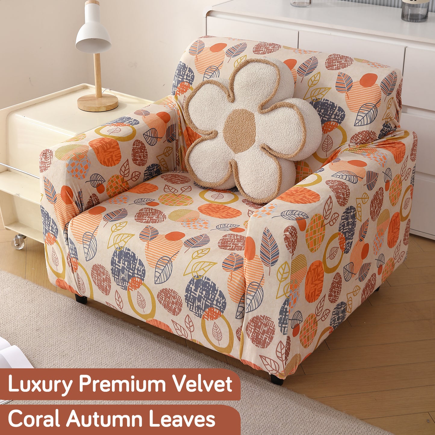 Premium Printed Velvet Sofa Cover 1/2/3 Seaters Fully Covered, Coral Autumn Leaves