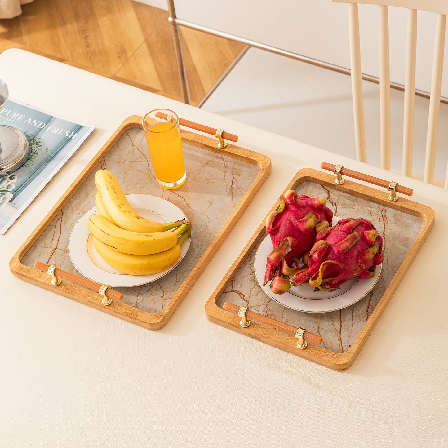 Luxury Bamboo Serving Tray Set with Faux Marble Base with Golden Handles
