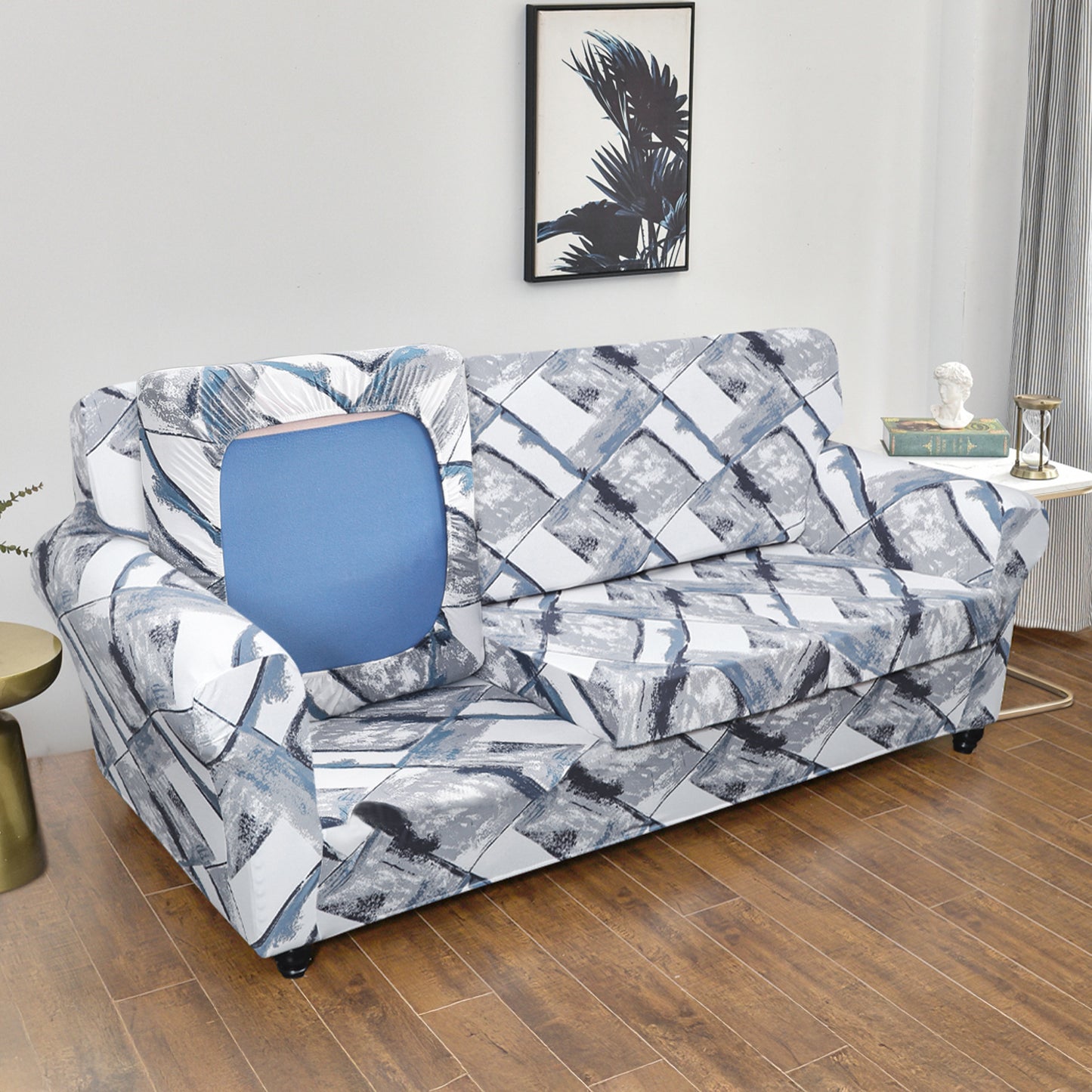 Printed Stretchable Sofa Slipcover with 1/2/3 Pc Separate Seat Cushion Cover for each 1/2/3 Seater, Graphite Glacier Grid